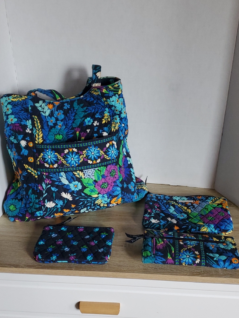 Vera Bradley Blue Midnight Floral Quilted Tote with Matching Pouches